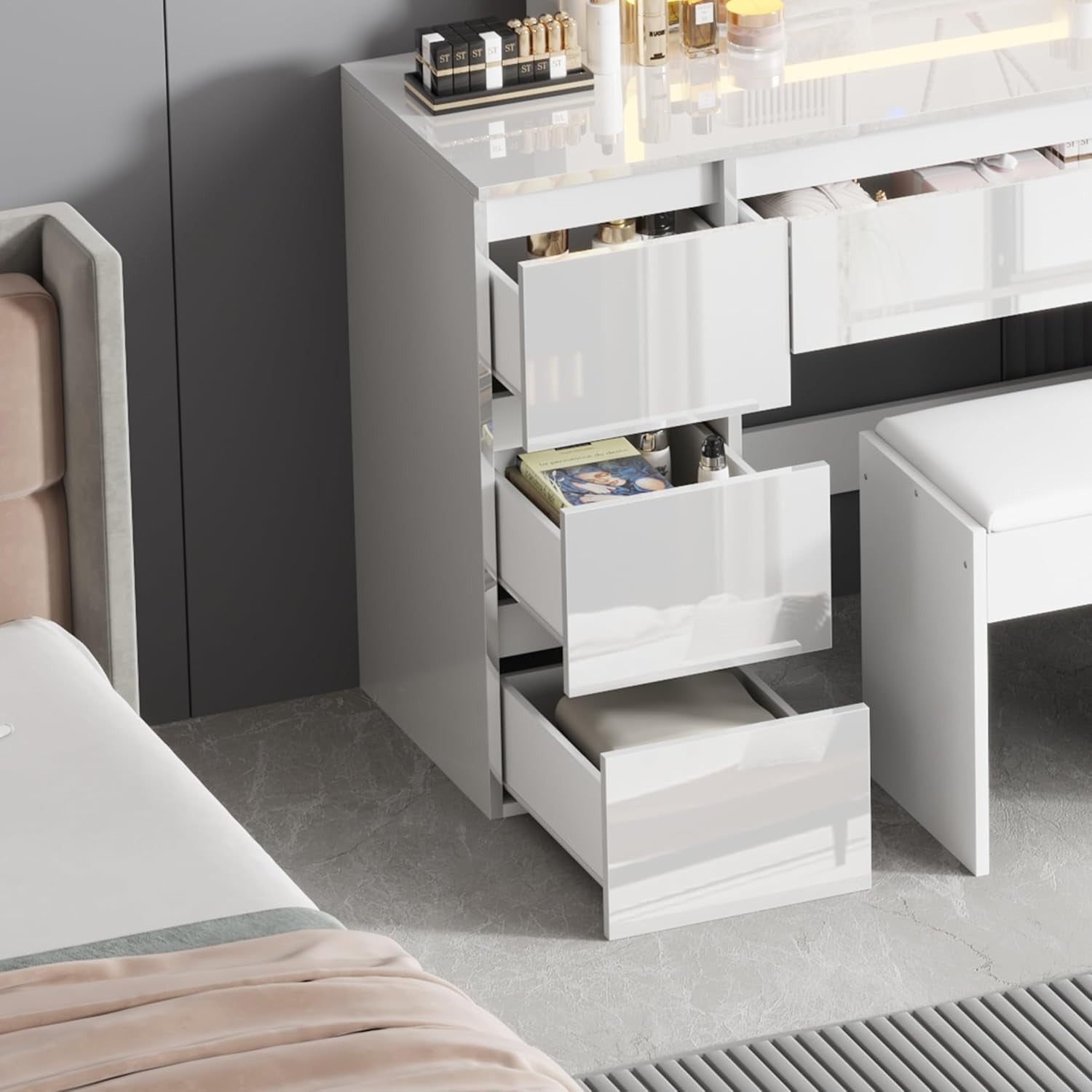 Modern White Gloss Dressing Table Vanity Desk LED Mirror Set 7 Drawers Stool