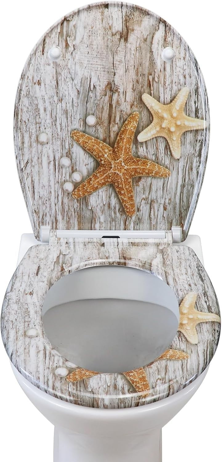 Soft Close Toilet Seat Duroplast Quick Release Top Fix Sea Star Pattern 45x37cm