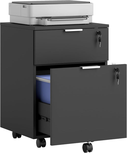 Black Mobile File Cabinet 2 Drawer Lockable Under Desk A4 Letter