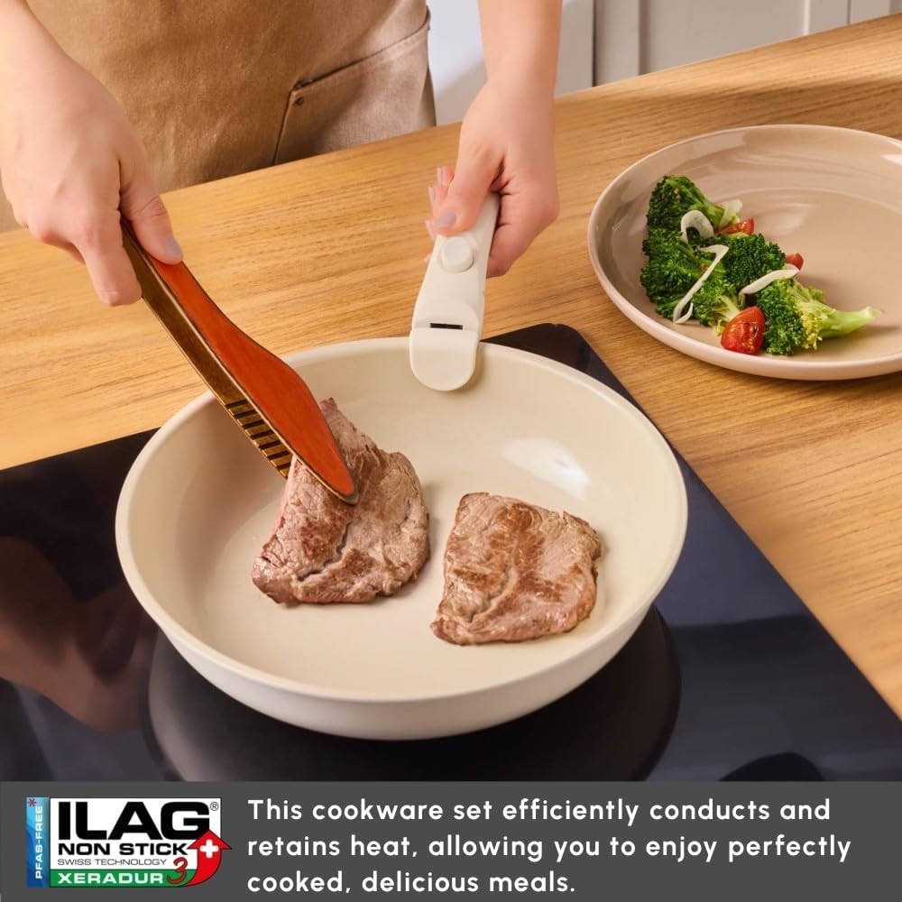 6Pcs Cream Ceramic Non Stick Cookware Set with Detachable Handle with Lids