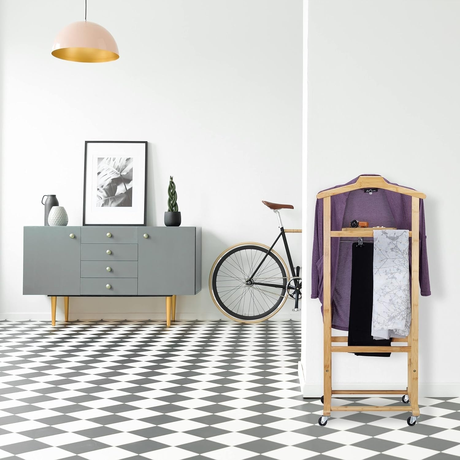 Bamboo Valet Stand on Castors Clothes Rack Natural 107cm