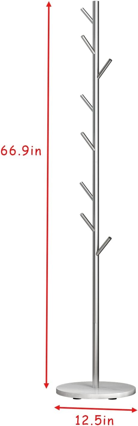 Silver Metal Coat Rack with Marble Base | Freestanding Hall Tree for Coats, Hats