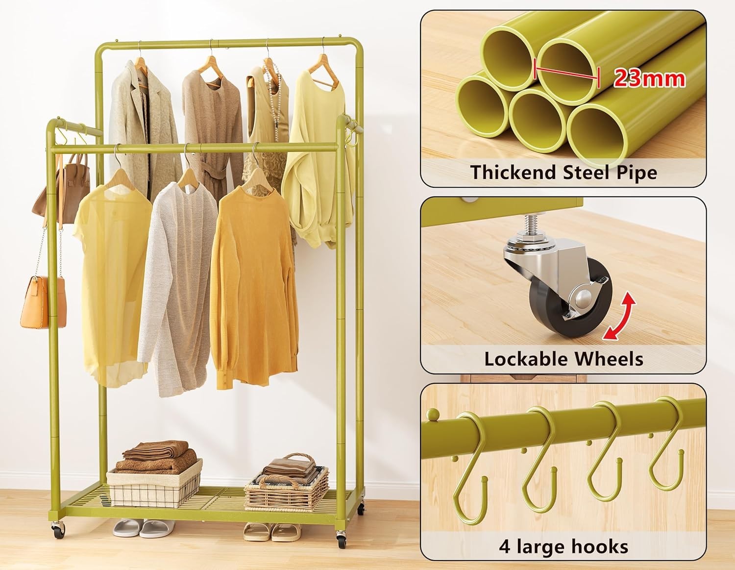 Double Clothes Rail 80KG Heavy Duty Rack With Shelf Gold