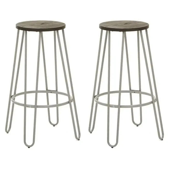 3Pc Bar Table and Stool Set Elm Wood Top Hairpin Legs Industrial Style