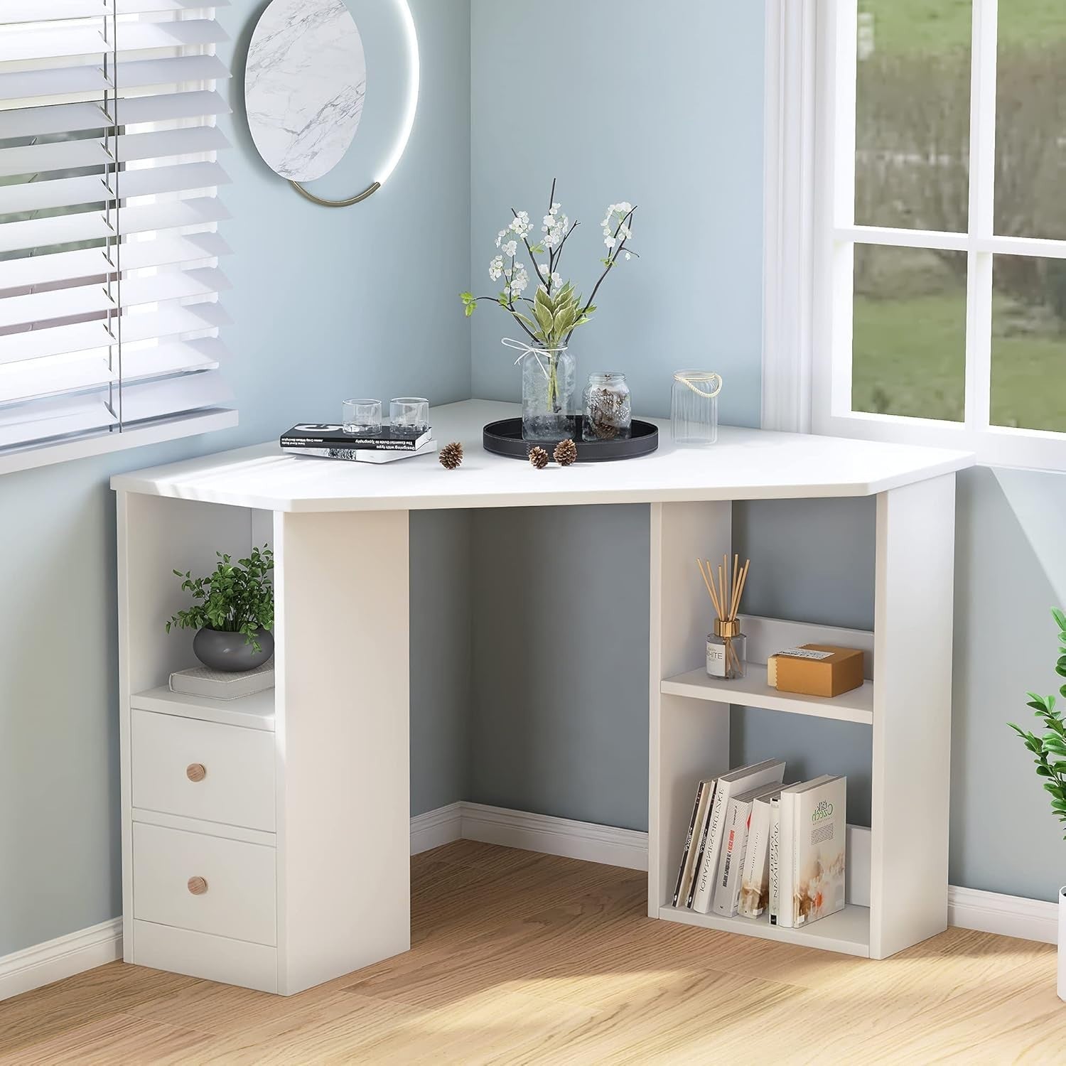 White L-Shaped Corner Desk with Drawers – Home Office Study Workstation