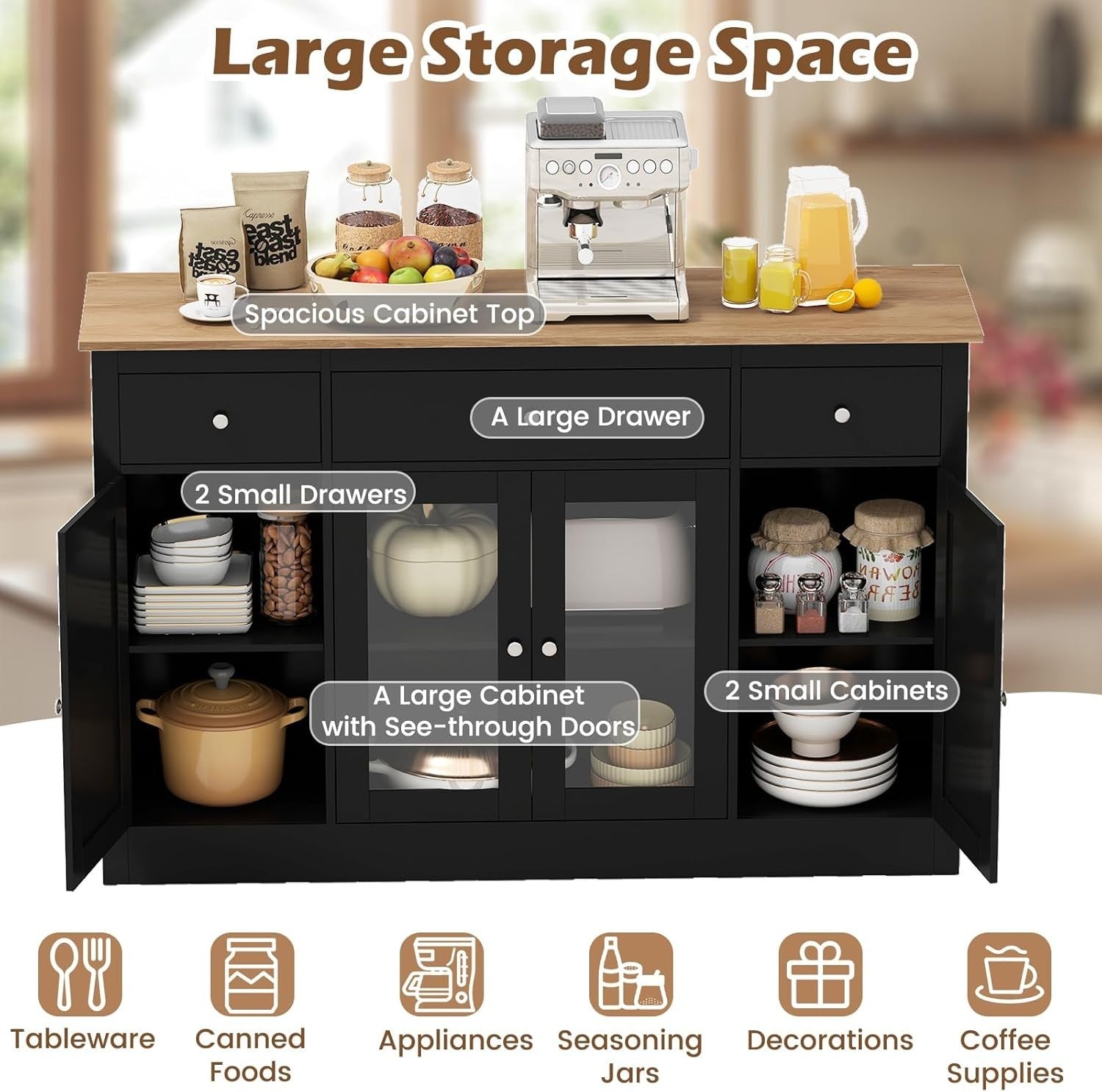 140cm Black Buffet Sideboard Cabinet 3 Drawers 2 Glass Doors Adjustable Shelves