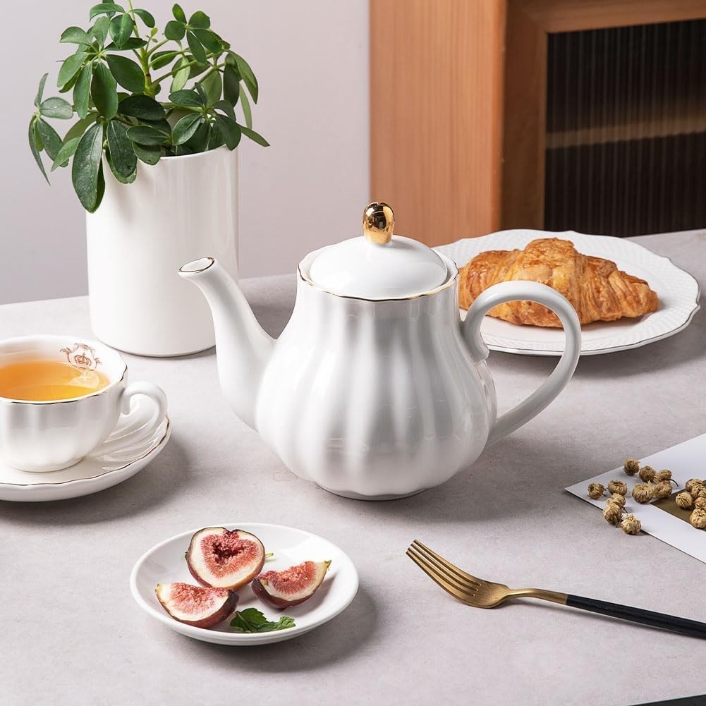 Ceramic Teapot 1100ml White Tea Pot w/ Stainless Infuser 5-6 Cups