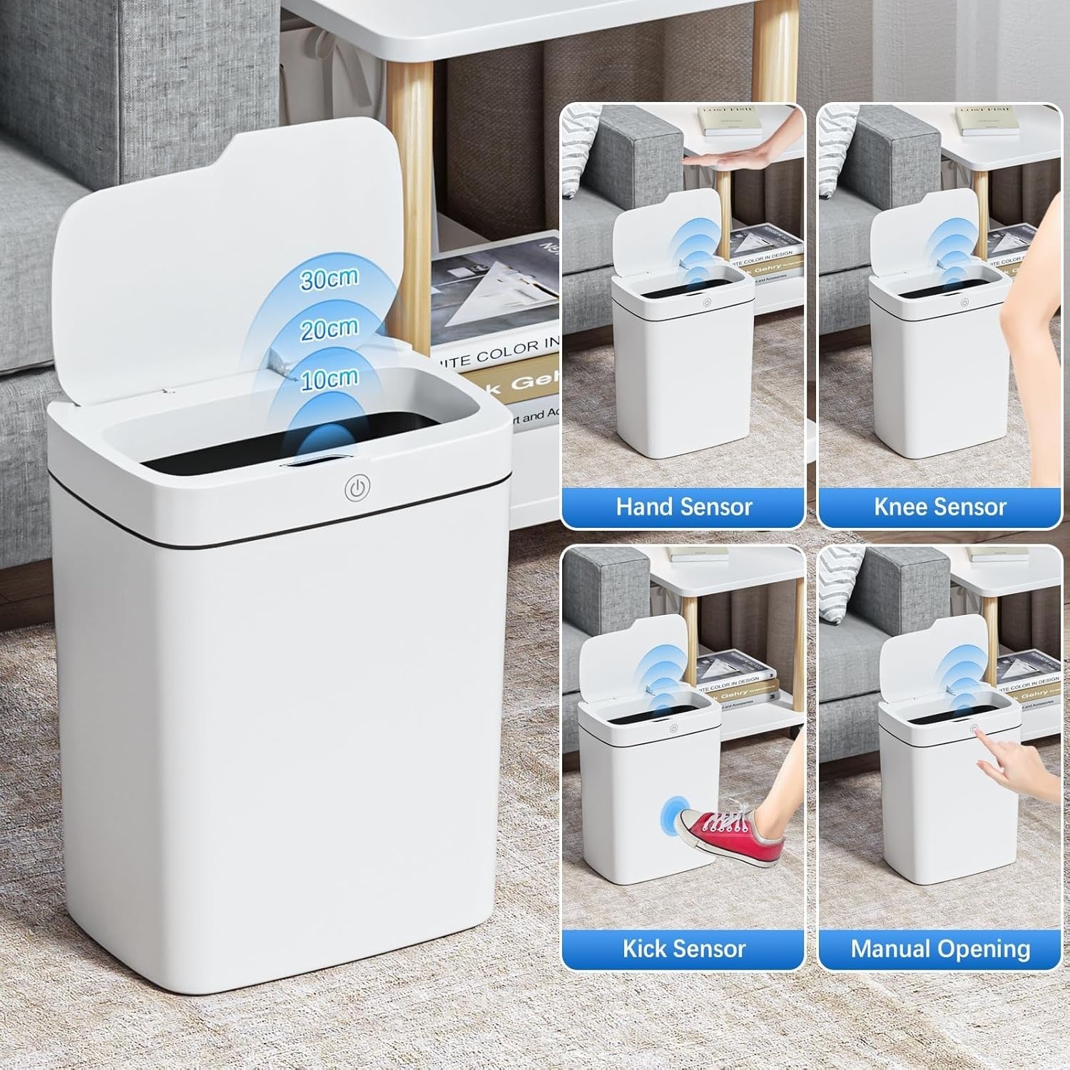 2 Pack 15L Touchless Sensor Bins Slim Waterproof Auto Lid White