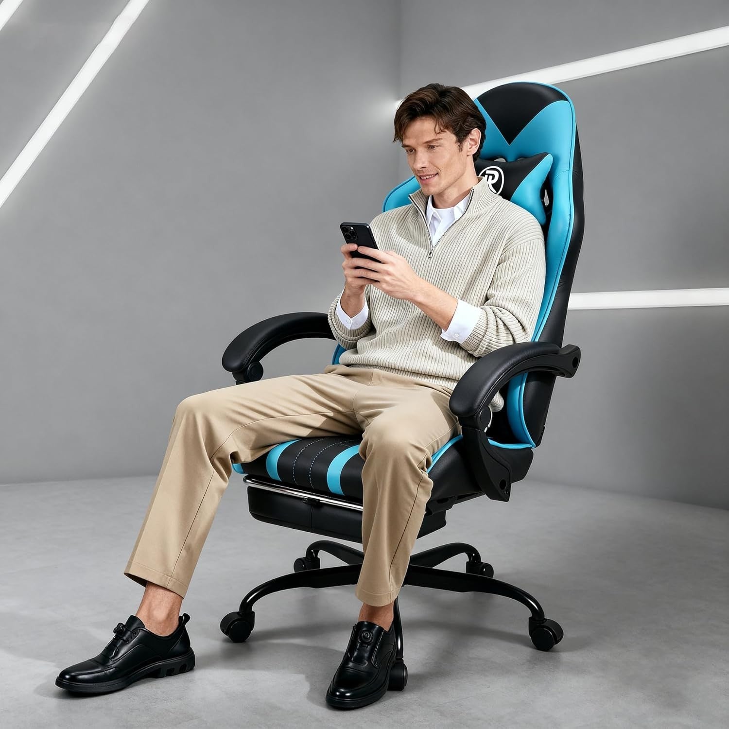 Ergonomic Gaming Chair Office Desk Chair Retractable Footrest Cyan PU Leather