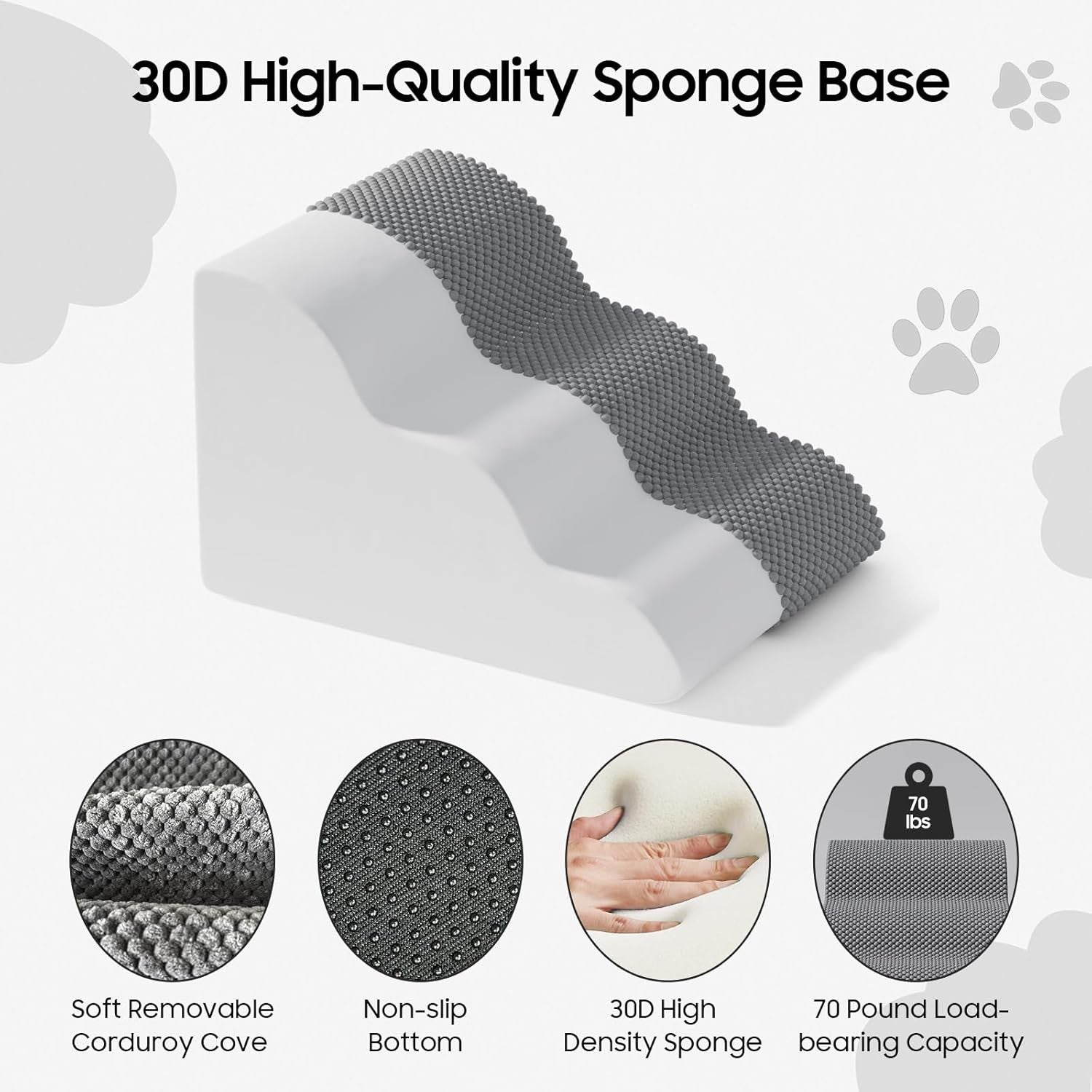 Dog Stairs for Small Dogs & Cats Foam Pet Steps Washable Cover Grey