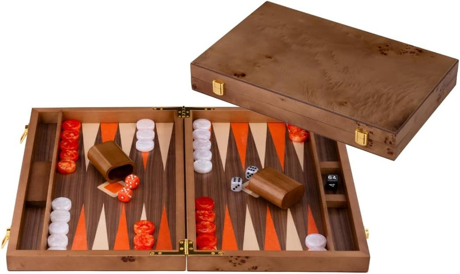 Luxury Wooden Backgammon Set 18 Inch Burl Wood Board with Dice Cups