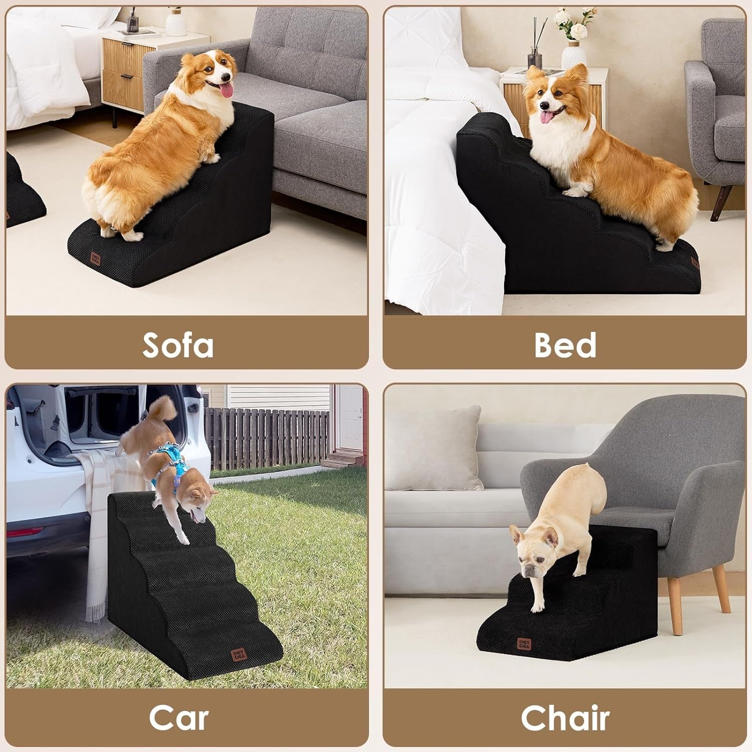 5 Step Dog Stairs for High Bed Non Slip Foam Pet Steps Washable Black