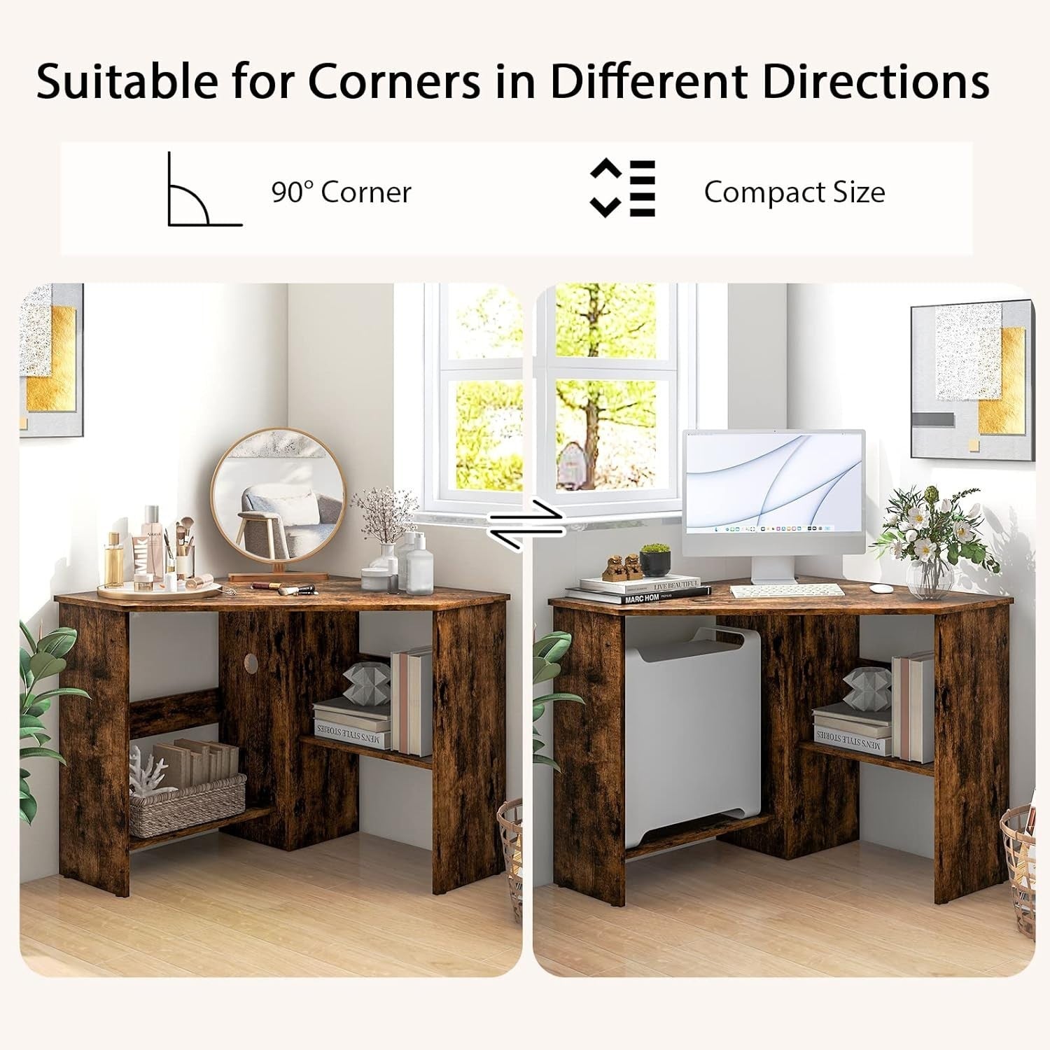 Rustic Brown Corner Computer Desk with Shelves & Cable Holes, 120cm