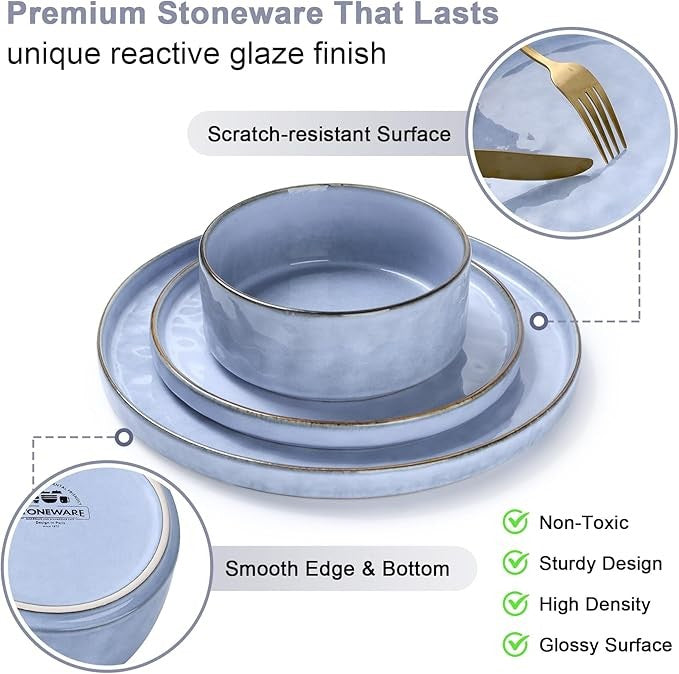 18pc Stoneware Dinner Set Plates Bowls Reactive Glaze Service for 6 Blue
