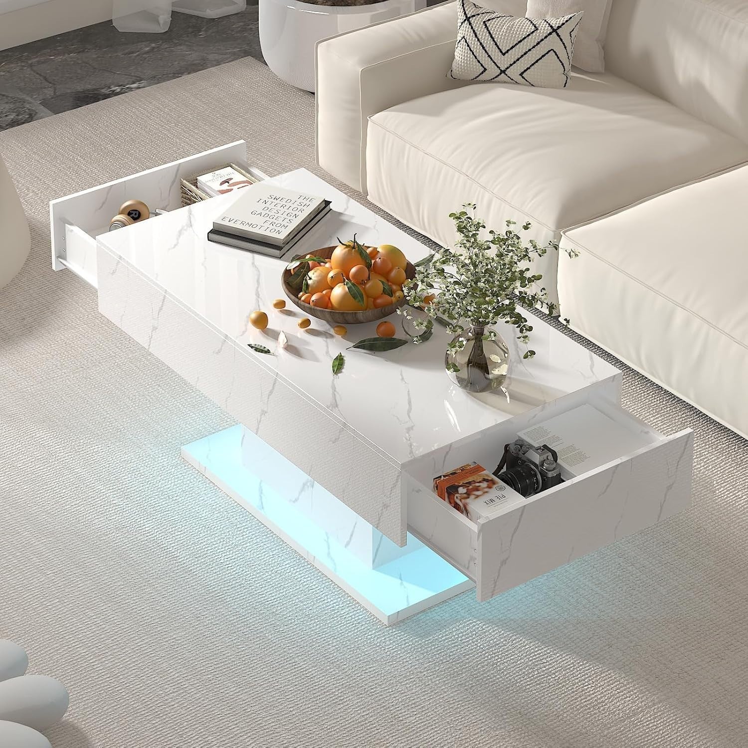 White Marble LED Coffee Table with 2 Drawers, High Gloss 110x55cm