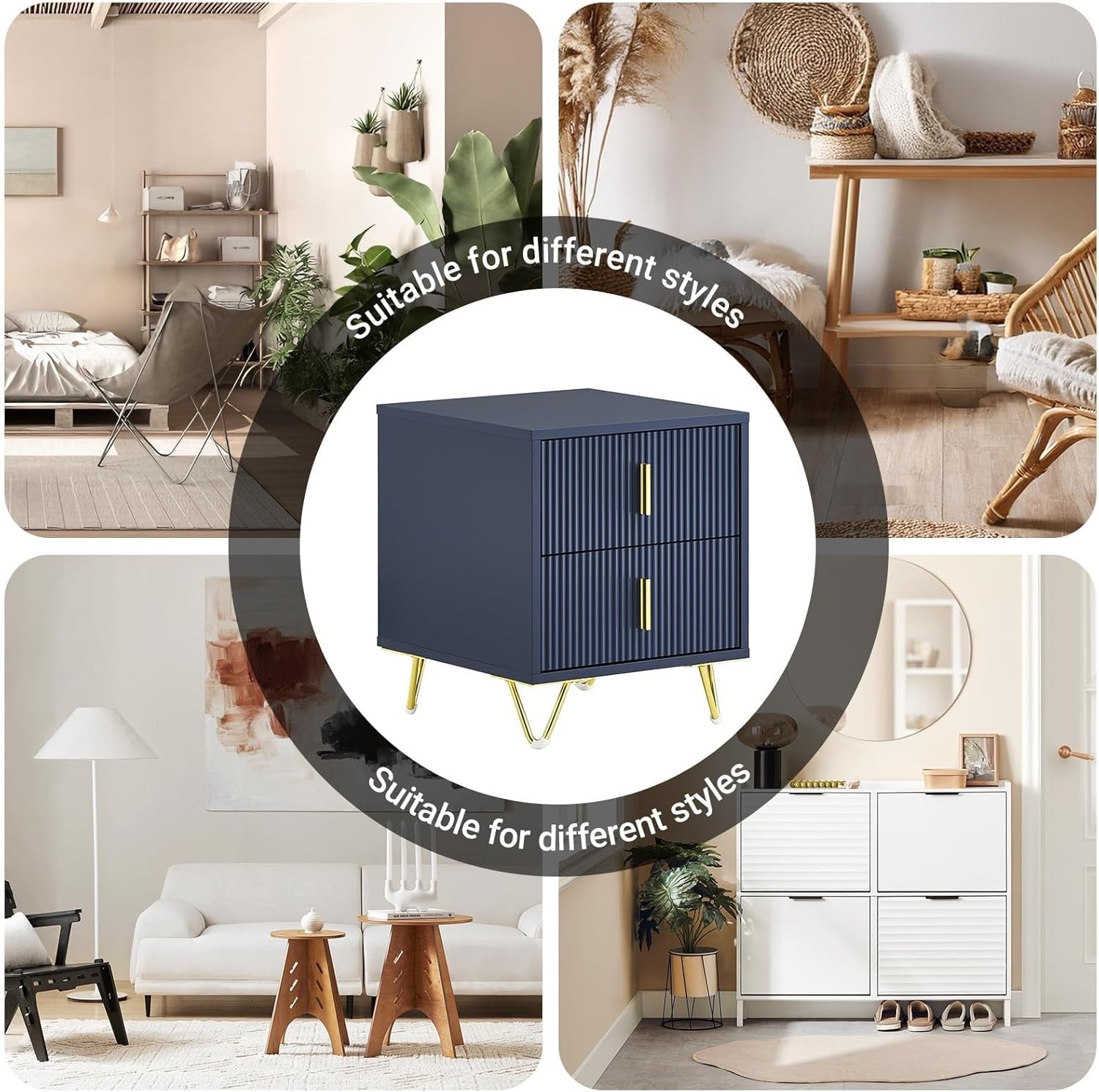 Blue Bedside Table with 2 Drawers & Gold Legs – Modern Nightstand
