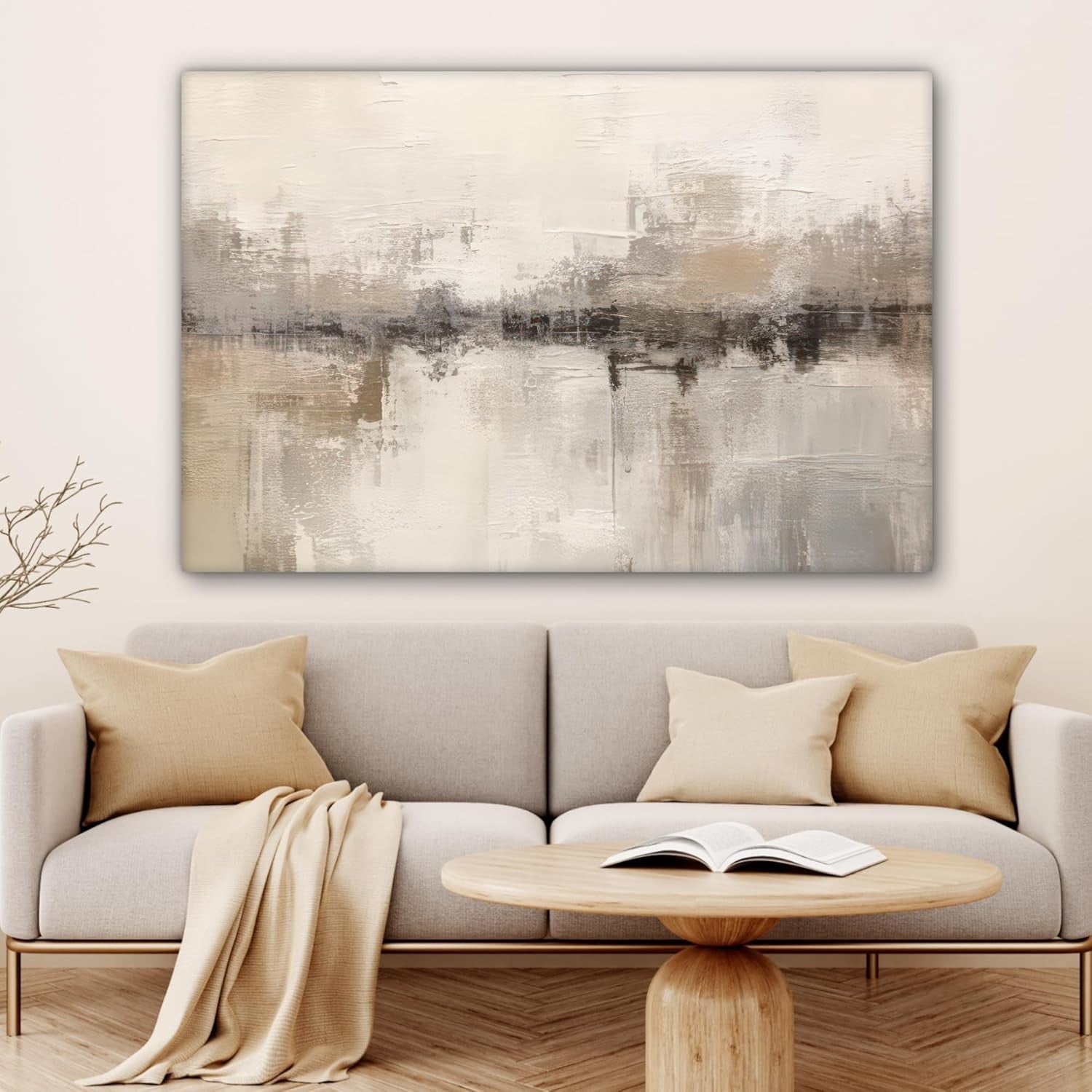 Large Abstract Canvas Wall Art 120x80cm Modern Beige Painting Living Room