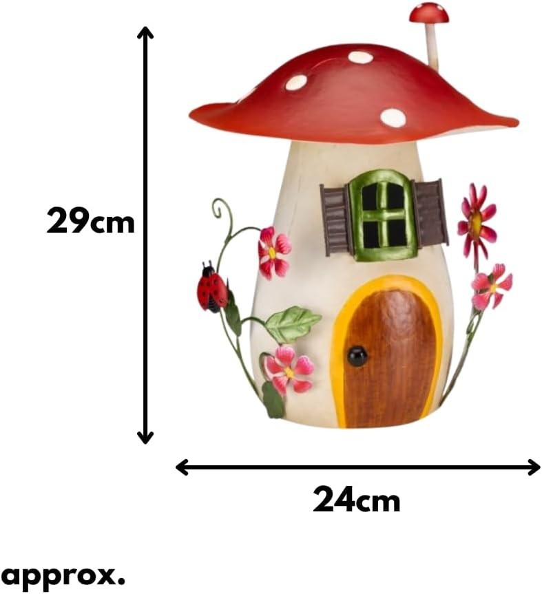 Mushroom Fairy House Garden Ornament Metal Hand-Painted Weatherproof 29cm Decor