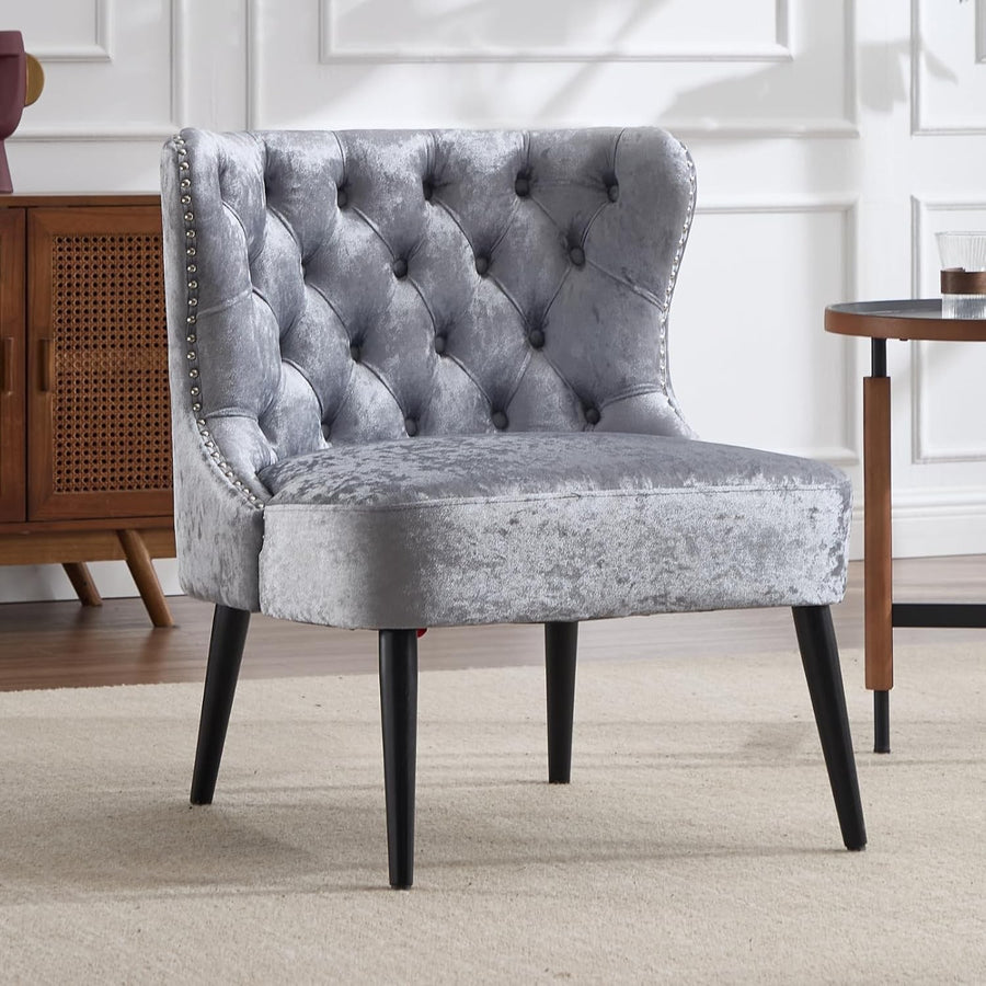 Velvet Accent Chair Grey Upholstered Lounge Chair Wood Legs