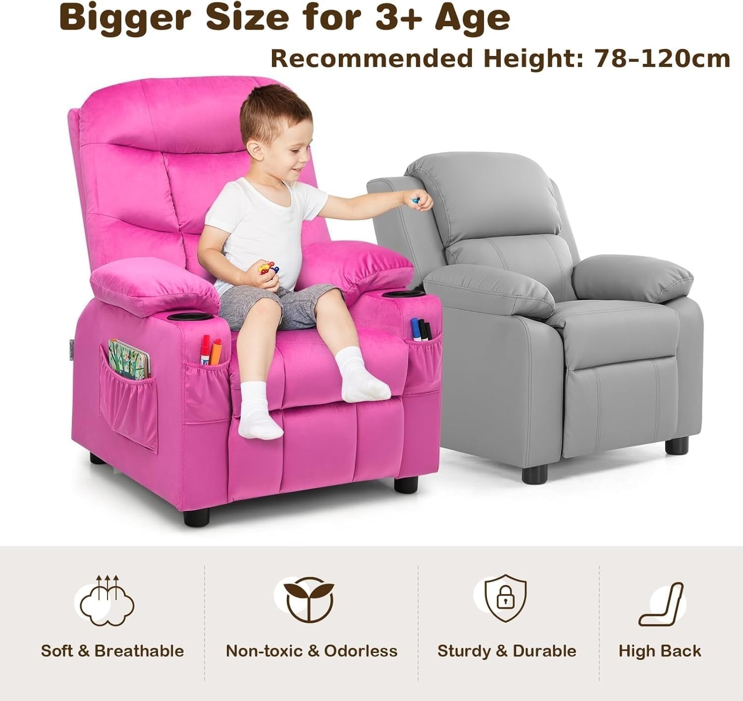 Pink  Adjustable Kids Recliner Chair with Footrest, Cup Holders & Side Pockets