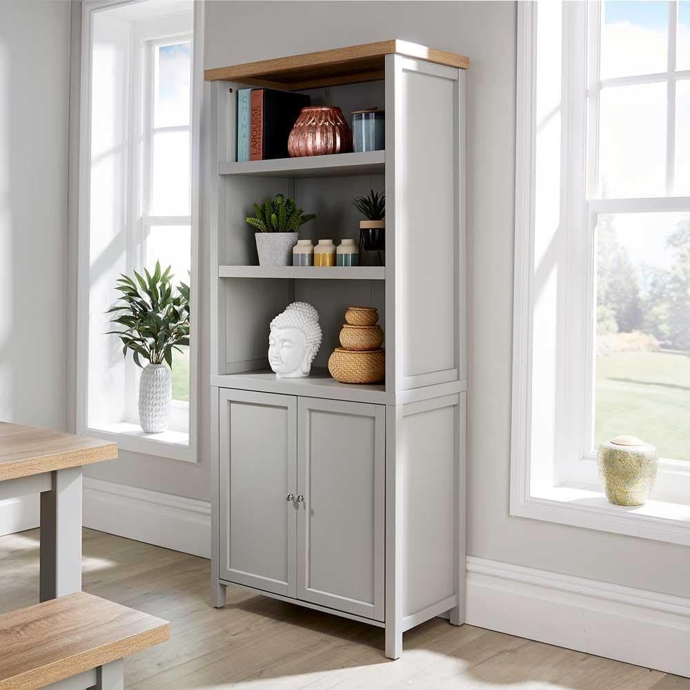 Tall Display Bookcase Cupboard 3 Shelf 2 Door Storage Unit Grey Oak