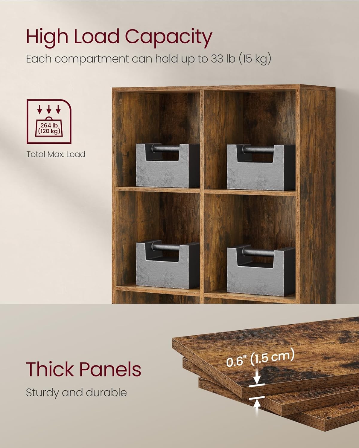 8-Cube Rustic Bookcase | Tall Storage Shelf for Living Room Office Bedroom