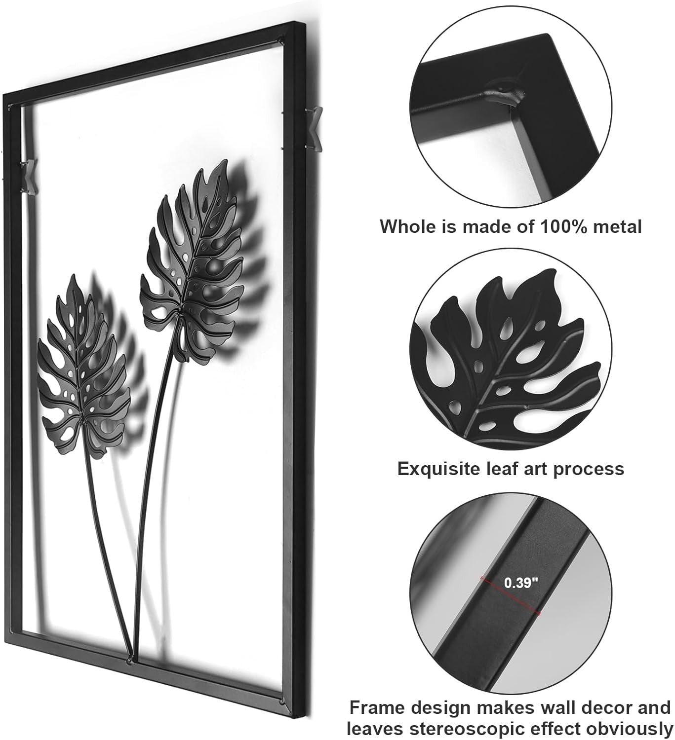 Black Metal Wall Decor Set LED Leaf Wall Art Hanging Set of 3