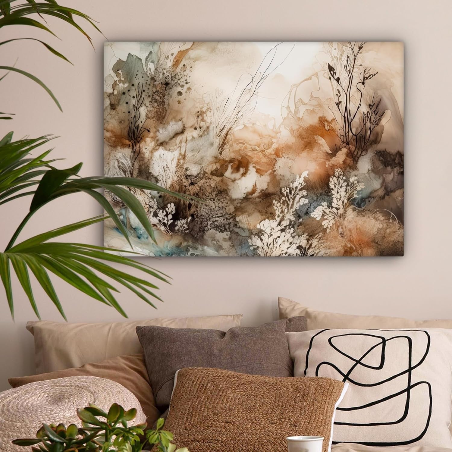 Abstract Floral Canvas Wall Art Beige Nature Flowers 80x60cm Living Room Decor