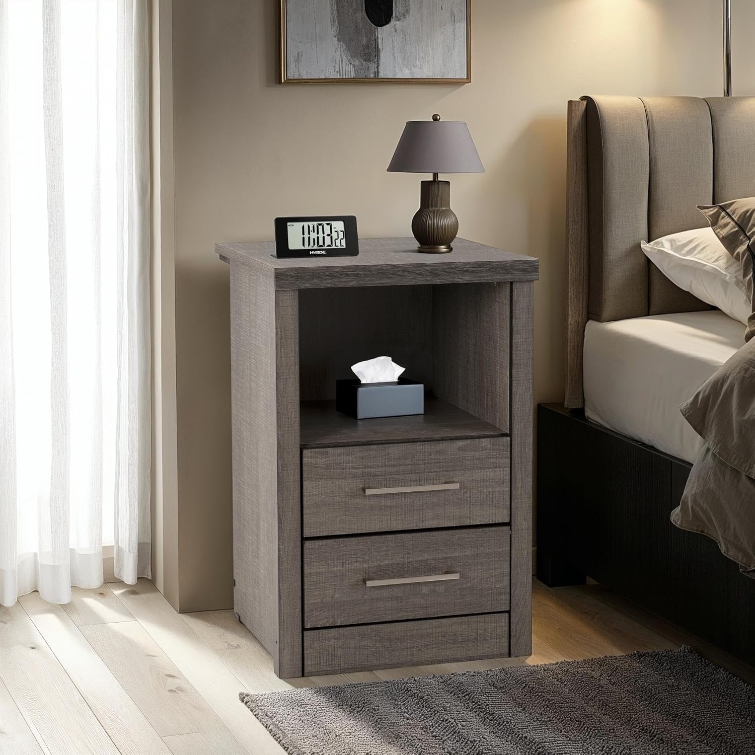 2 Drawer Bedside Table with Open Shelf Black Wood Grain Modern Nightstand