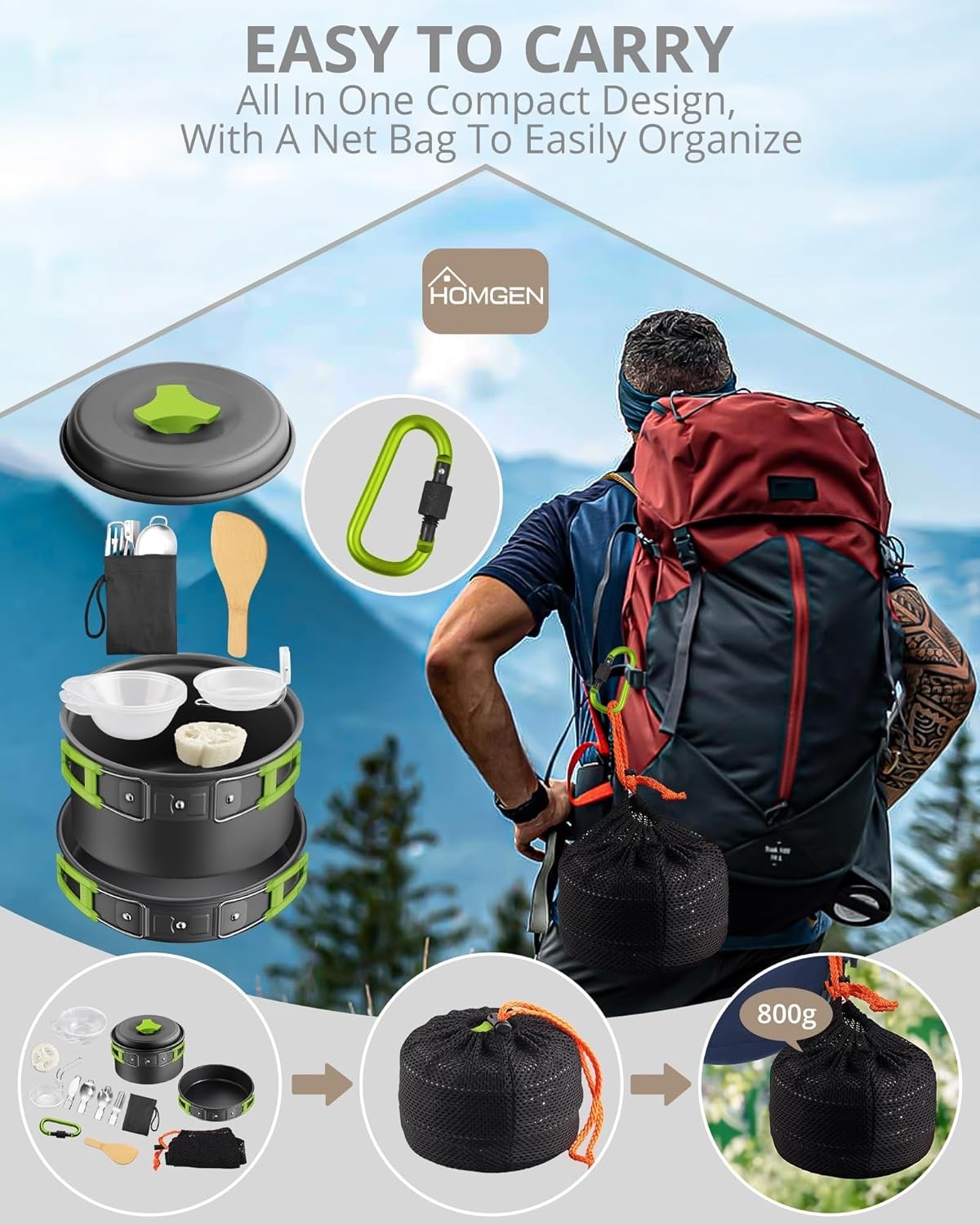 Green Camping Cookware Set with Pot Frying Pan Kettle & Utensils for 1-2 People