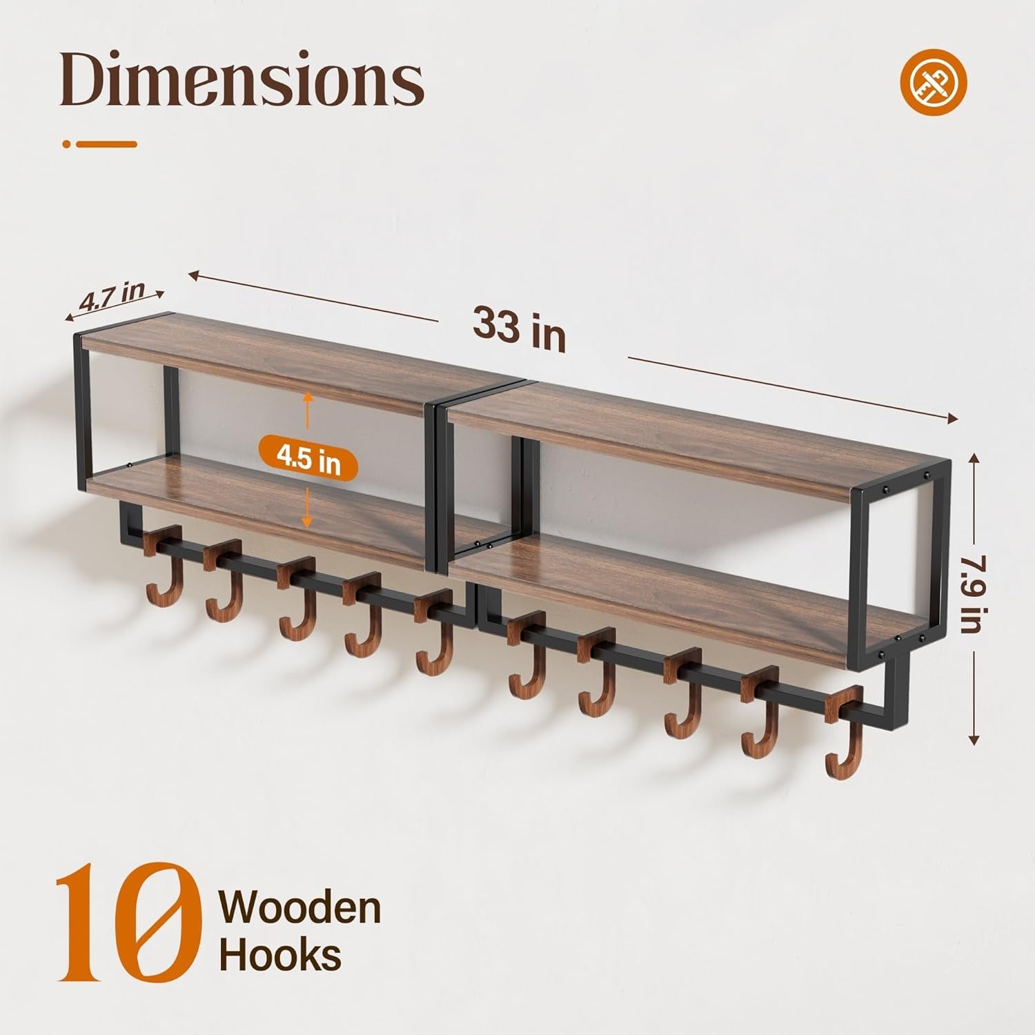 Rustic Wall Shelf 33” with 10 Hooks Coat Rack Storage Shelf Farmhouse Decor
