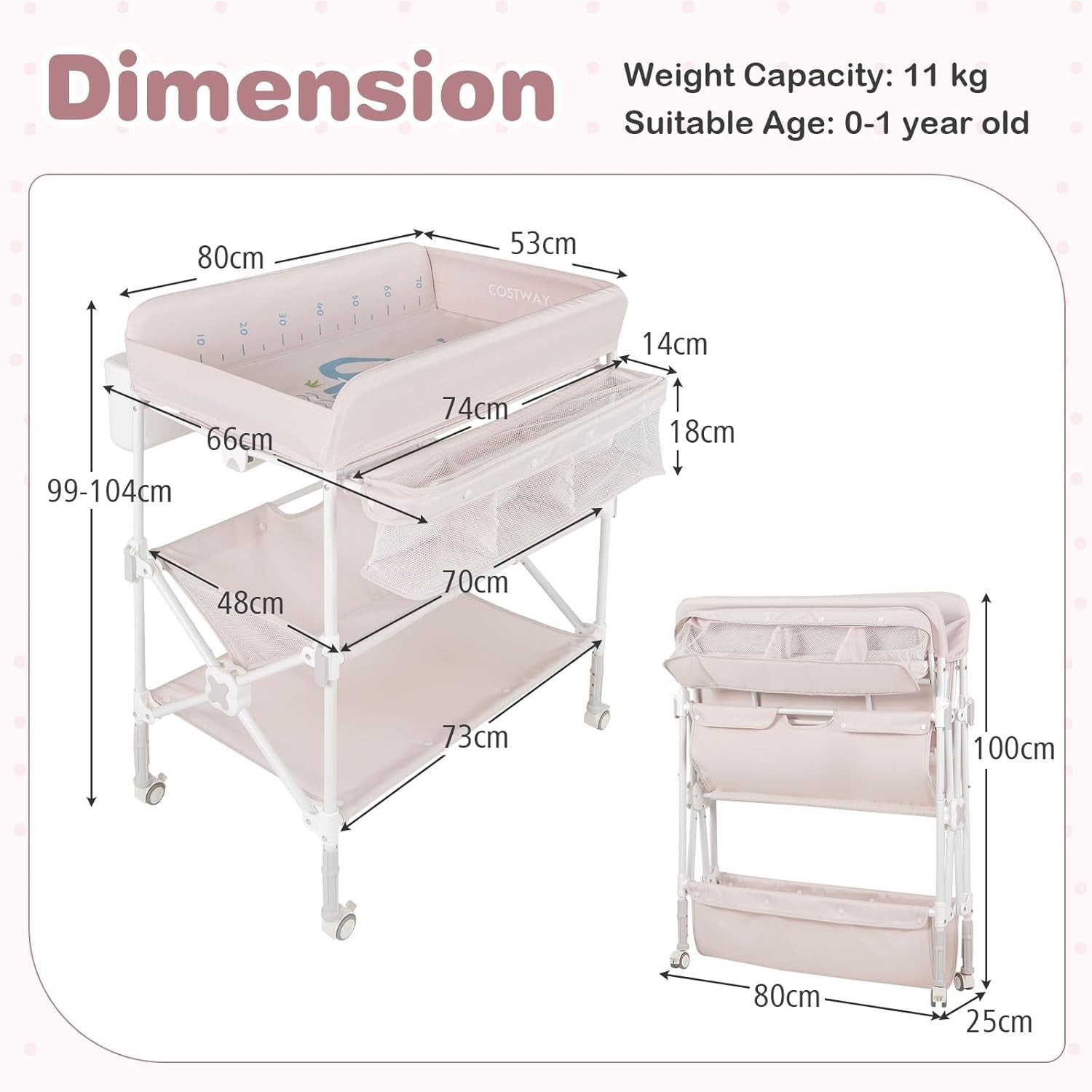 Baby Changing Table Folding Nursery Station with Wheels & Storage Beige