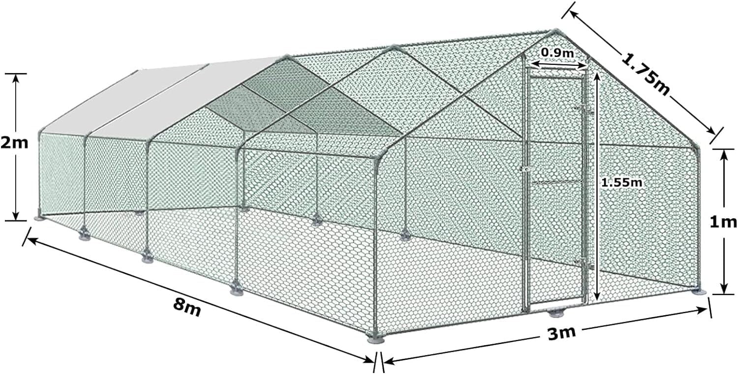 Extra Long Walk In Chicken Run 3x8x2m Galvanised Steel Outdoor Enclosure