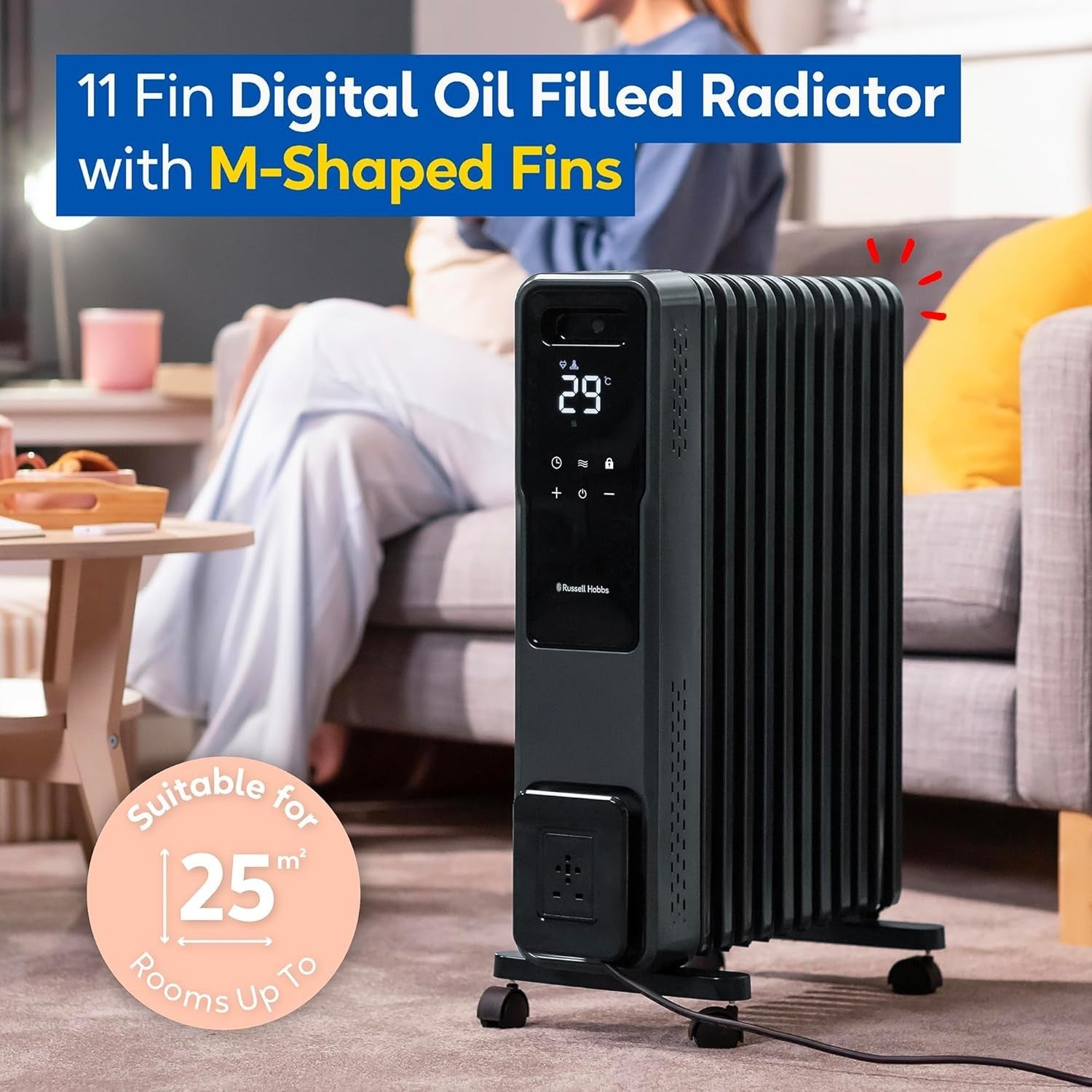 2500W 11 Fin Oil Filled Radiator Touch LED Remote Control Heater