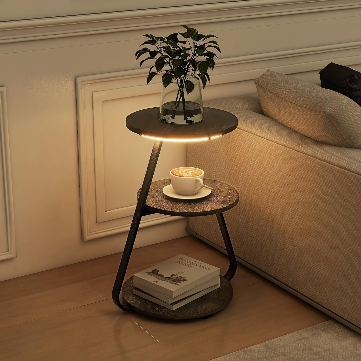 Set of 2 LED Bedside Side Tables Grey – 3-Tier Round Storage Coffee Tables