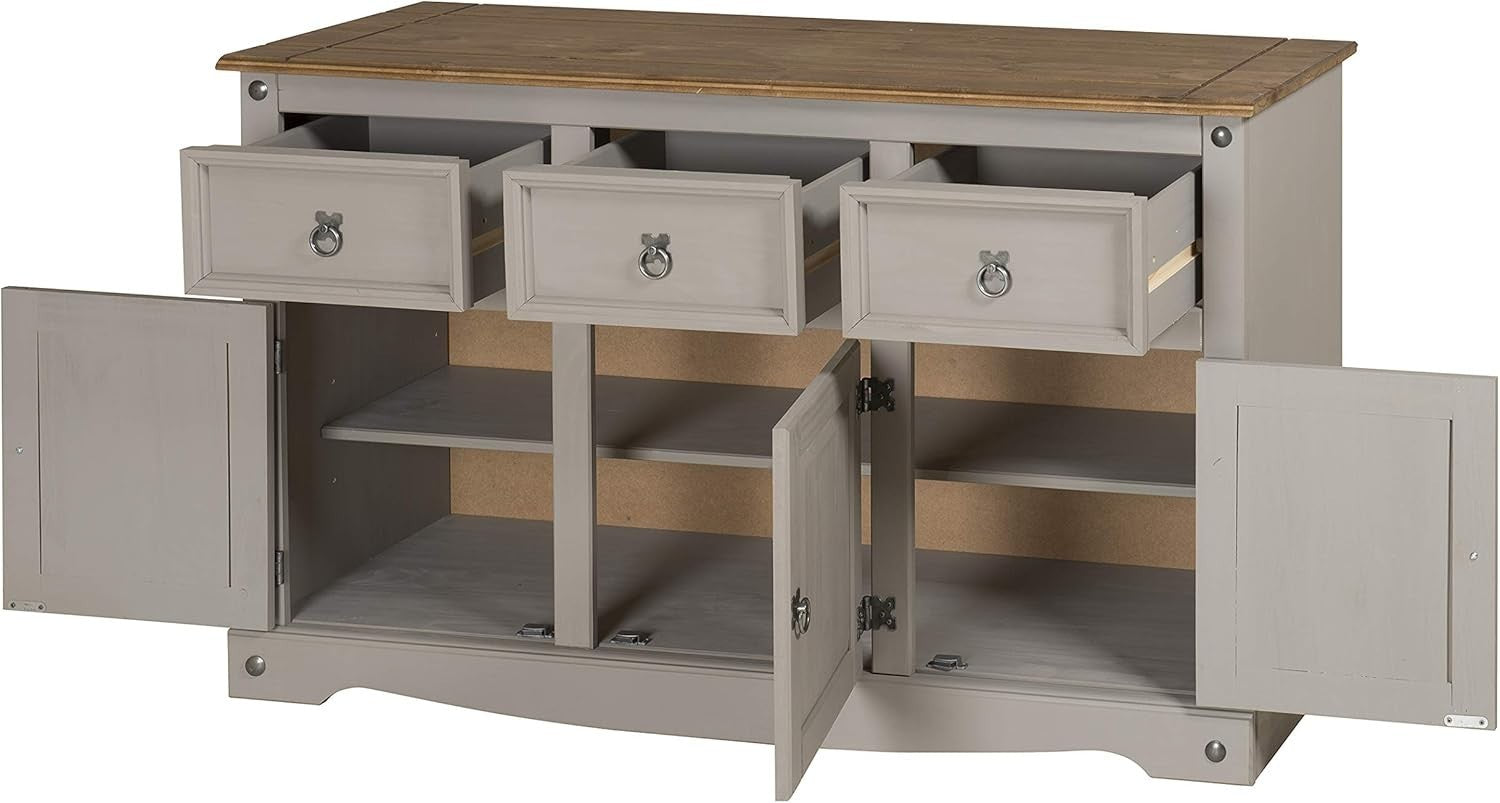 Grey Solid Pine Sideboard 3 Door 3 Drawer Cabinet Rustic Wax Finish