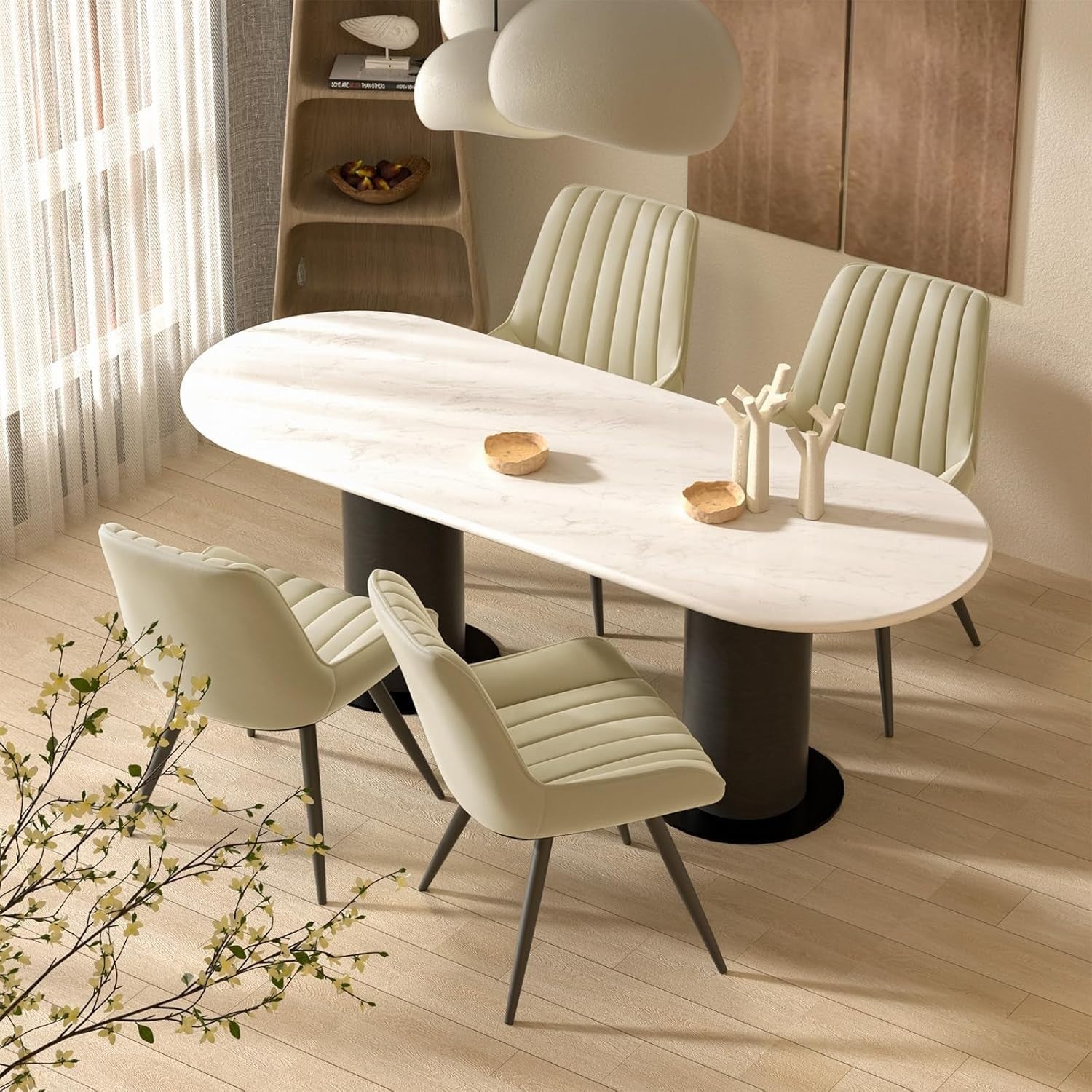 6 Beige Dining Chairs Fabric Upholstered Modern Metal Legs Padded Seat