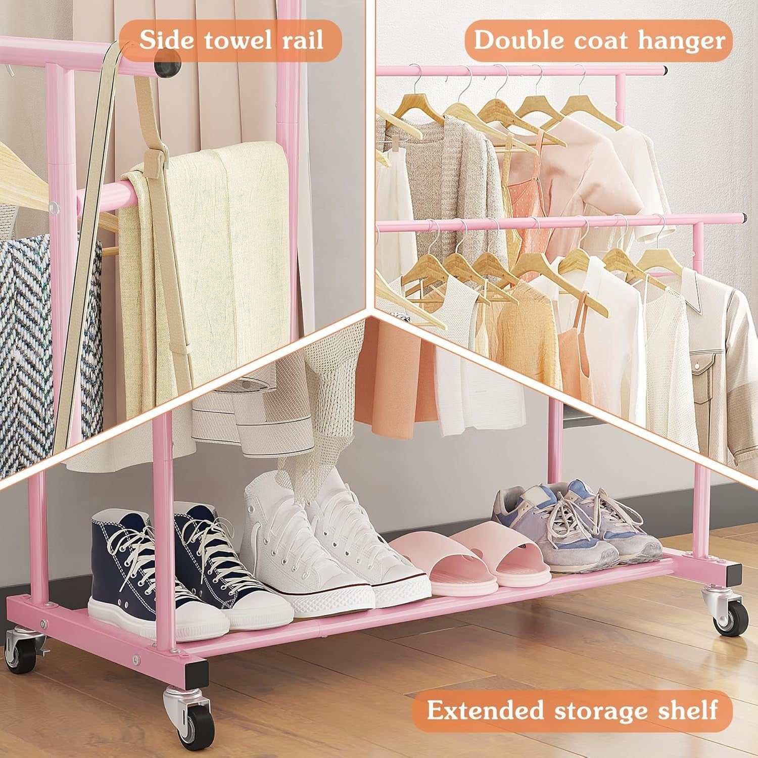 Pink Double Rod Clothes Rack with Wheels & Storage Shelf