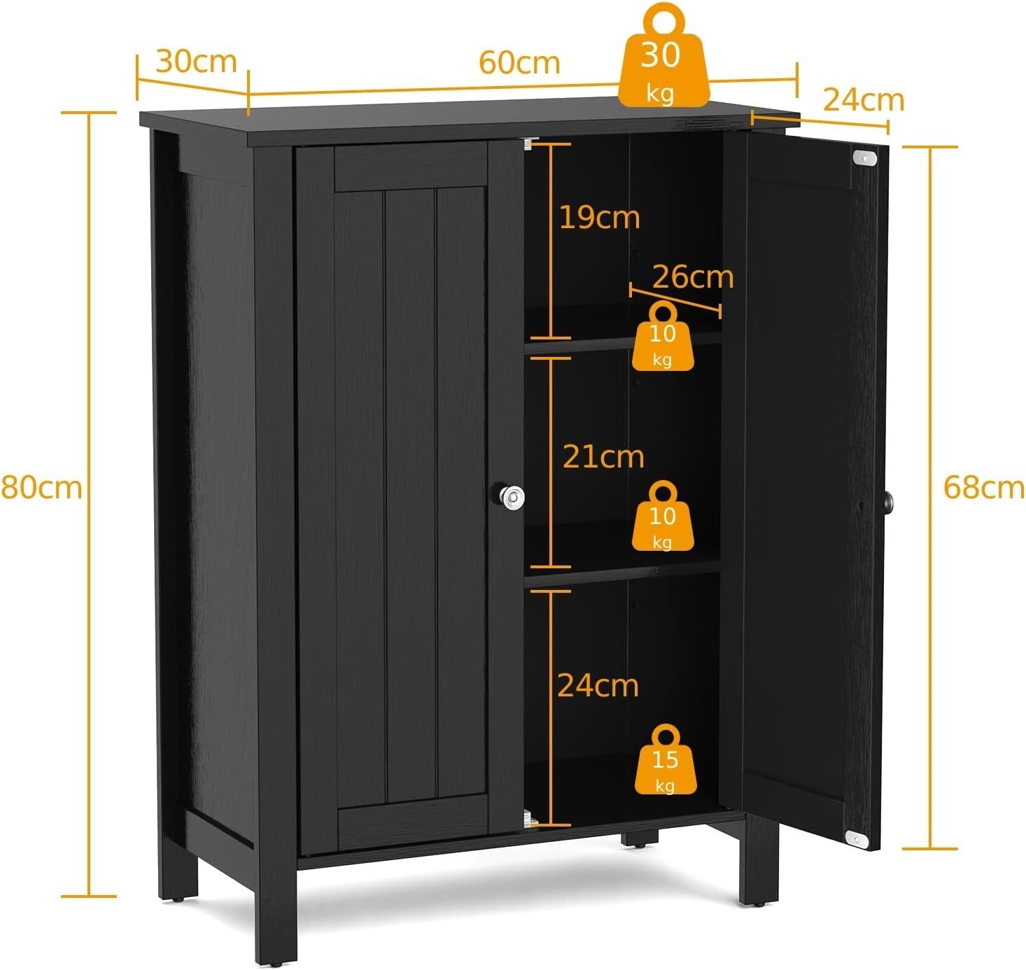 Adjustable Bathroom Floor Cabinet 3-Shelf Storage Organizer 60x30x80cm Black