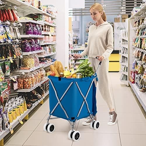 90L Folding Shopping Cart 8 Wheels Waterproof Grocery Trolley Blue