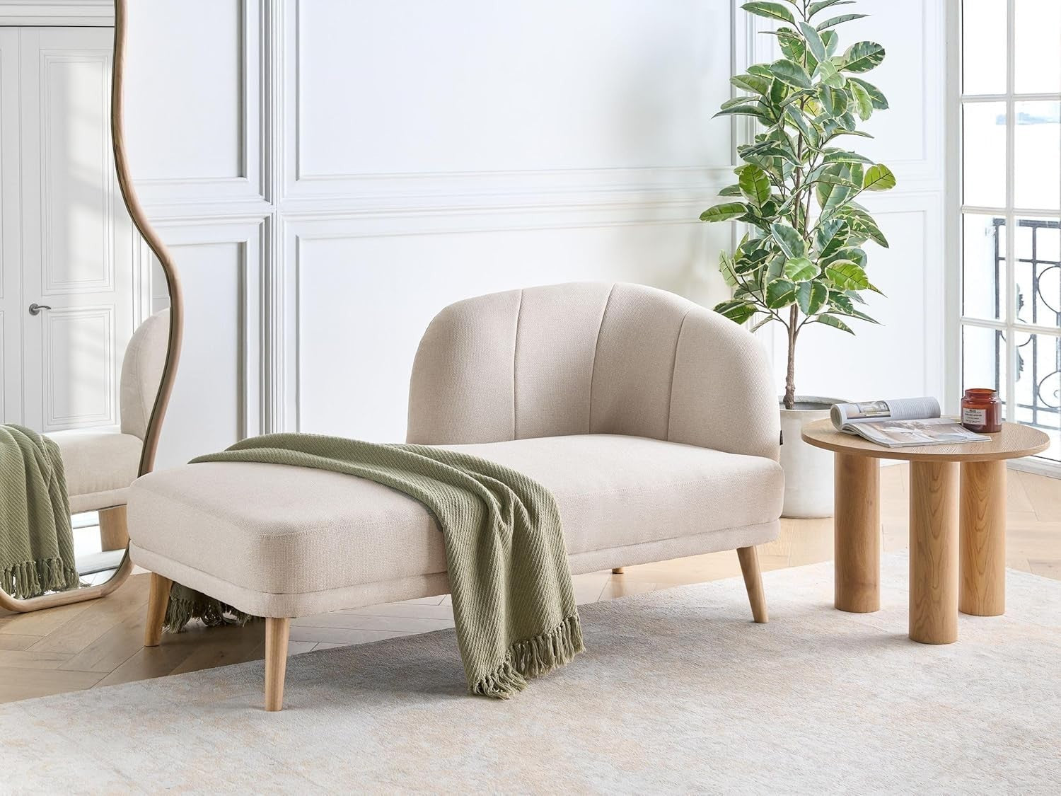 Light Beige Traditional Right Hand Chaise Lounge | Durable Fabric & Wooden Legs