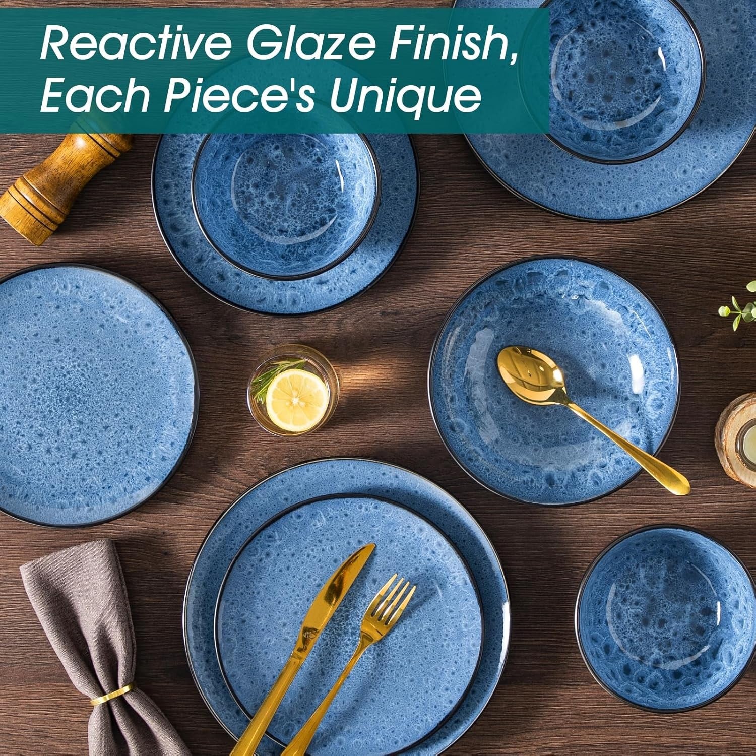 24pc Stoneware Dinnerware Set Blue Plates Bowls Vintage Reactive Glaze