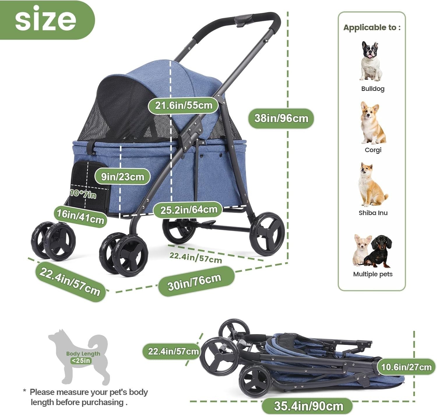 Navy Pet Stroller 4 Wheel Heavy Duty Foldable Jogger Pram Small Medium Dogs