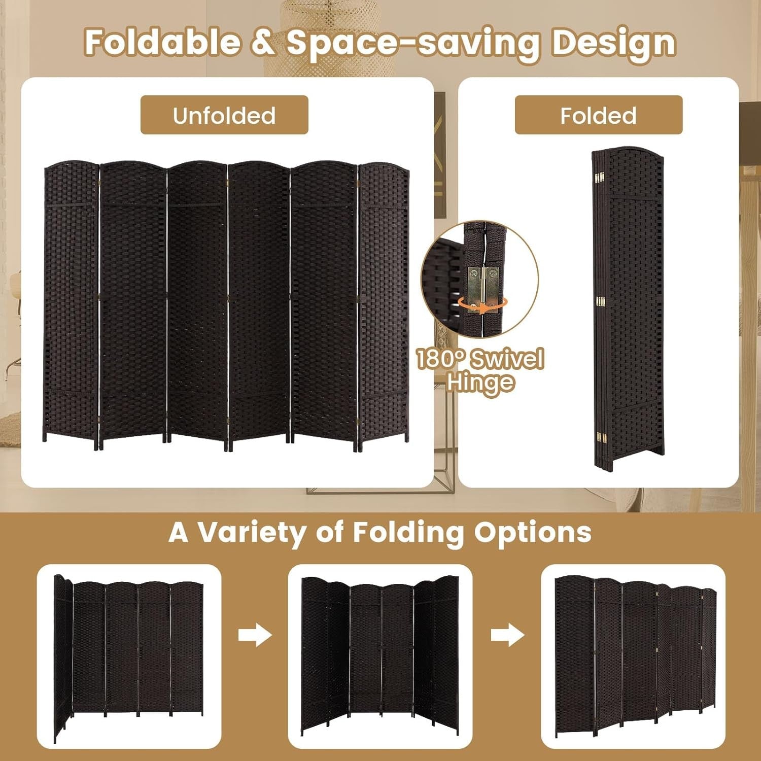 6 Panel Brown Wicker Folding Room Divider Privacy Screen 240x170cm