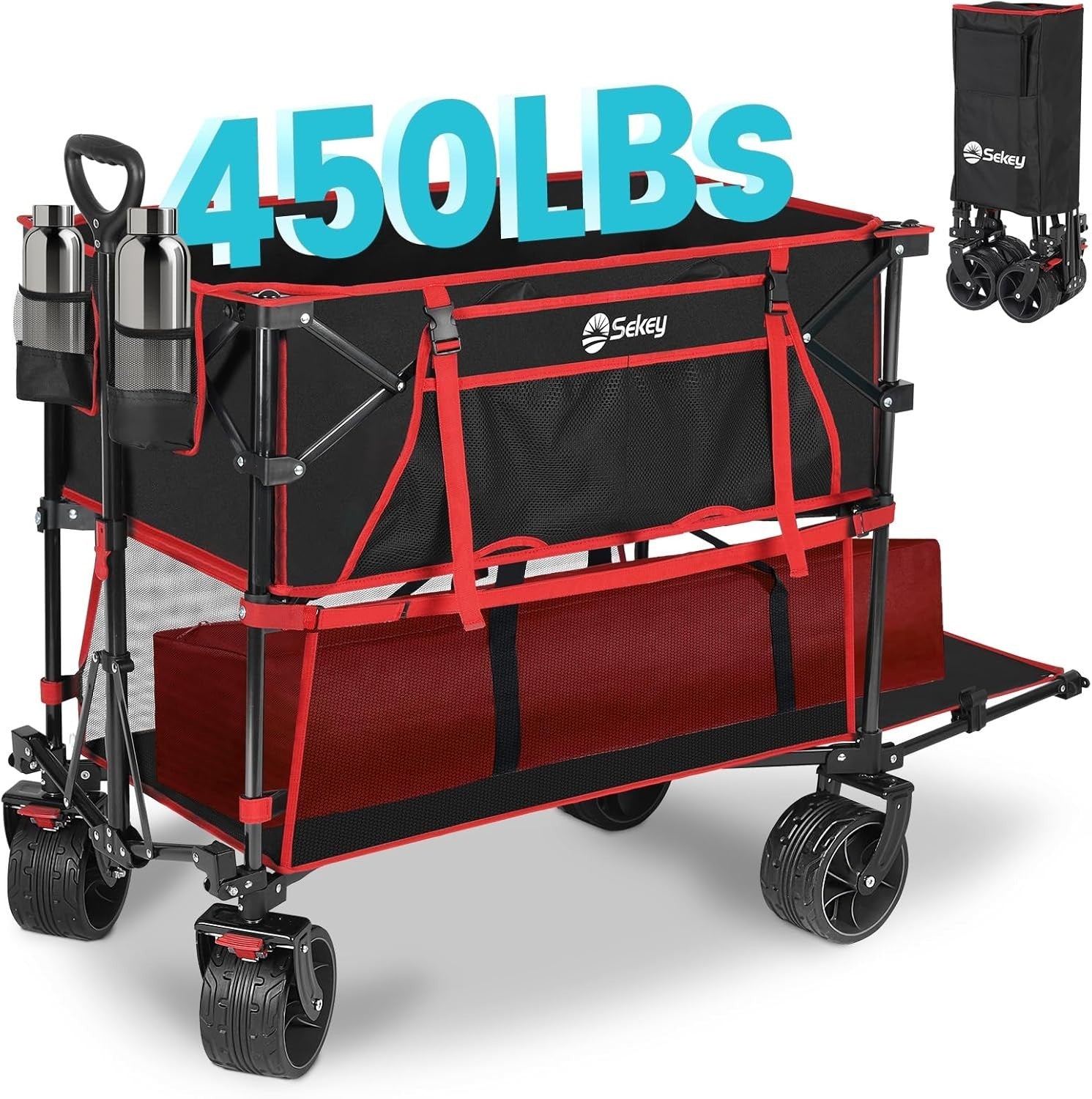 Red Black 400L Double Decker Folding Wagon Extra Long 450lbs All-Terrain Cart