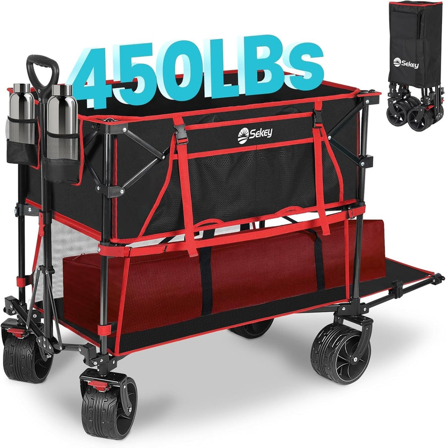 Red Black 400L Double Decker Folding Wagon Extra Long 450lbs All-Terrain Cart