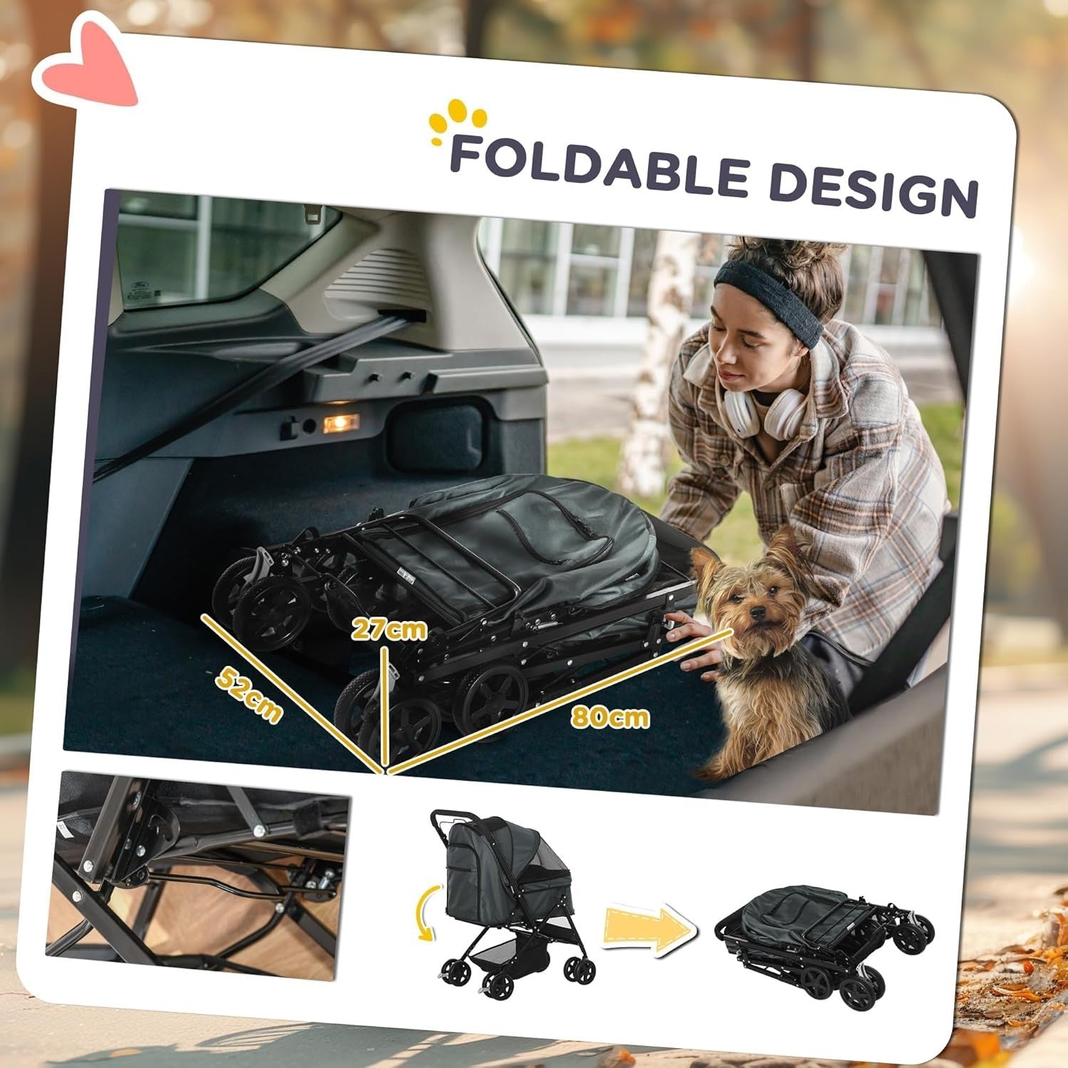 Grey Foldable Dog Stroller with Reversible Handle EVA Wheels Storage