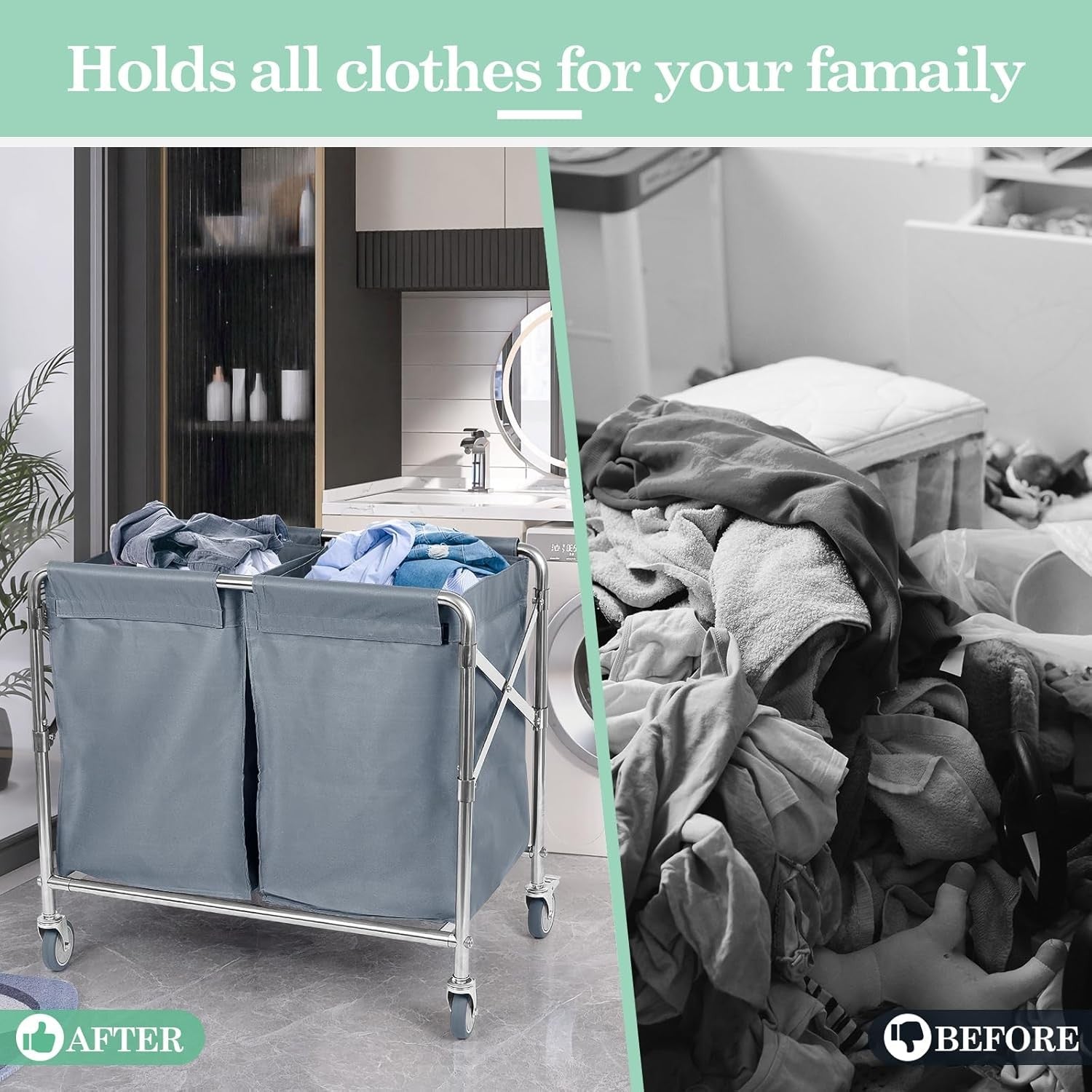 300L Heavy Duty 2-Section Laundry Trolley on Wheels | Commercial Folding Laundry