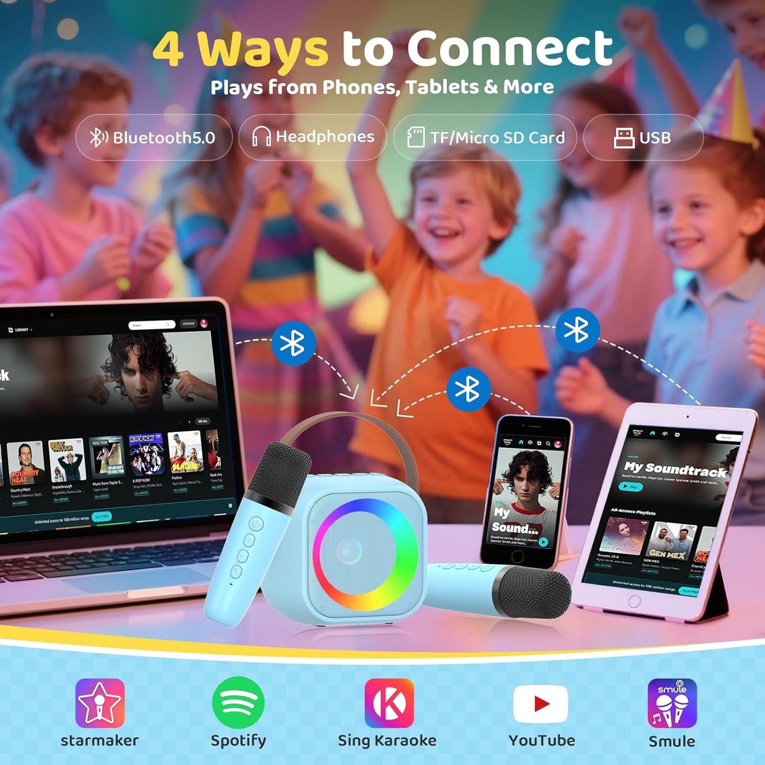 Kids Karaoke Machine with 2 Mics Lights Bluetooth Speaker