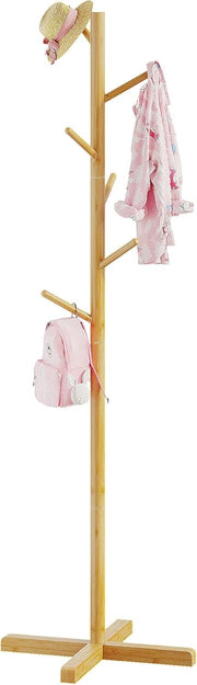 Freestanding Wooden Coat Rack 9 Hooks Adjustable Height 2 Tier Hall Stand
